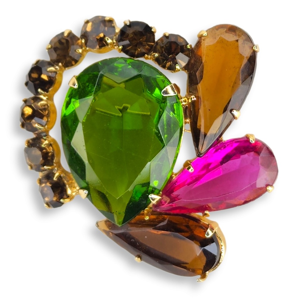 Vintage Glass Multicolor Faceted Rhinestone Brooch Pin